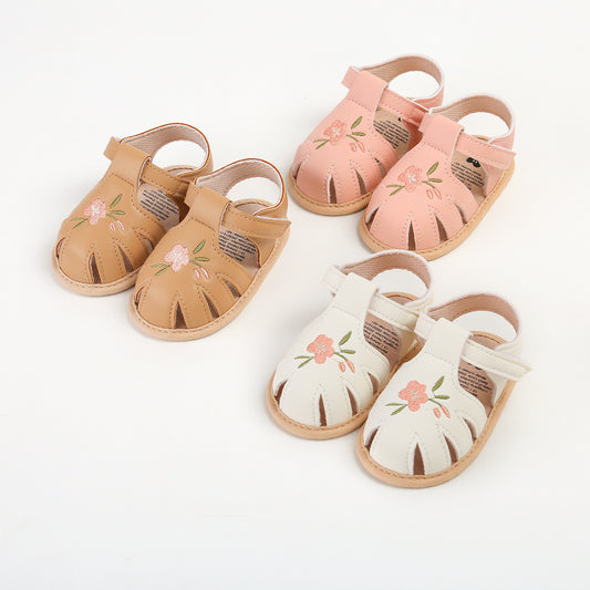 Floral Embroidery Baby Sandals – Soft Sole First Walkers for Girls