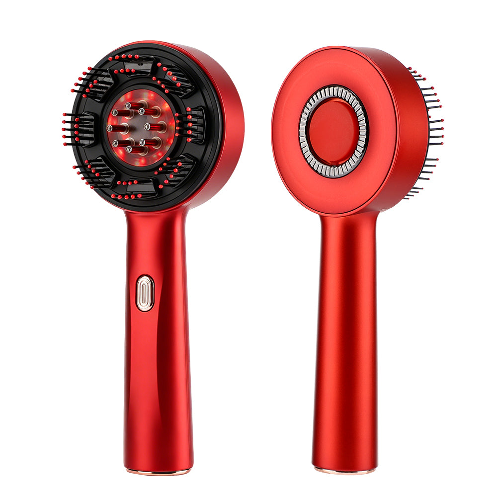 Two red handheld Deep Scalp Massage Brush with Red Light Therapy & Oil Infuser with different attachments on a white background