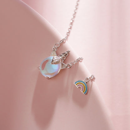 Korean Style Rainbow Unicorn Pendant Necklace – Lightweight Copper Jewelry | White Gold & Rose Gold