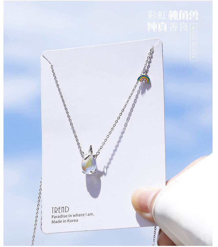 Korean Style Rainbow Unicorn Pendant Necklace – Lightweight Copper Jewelry | White Gold & Rose Gold