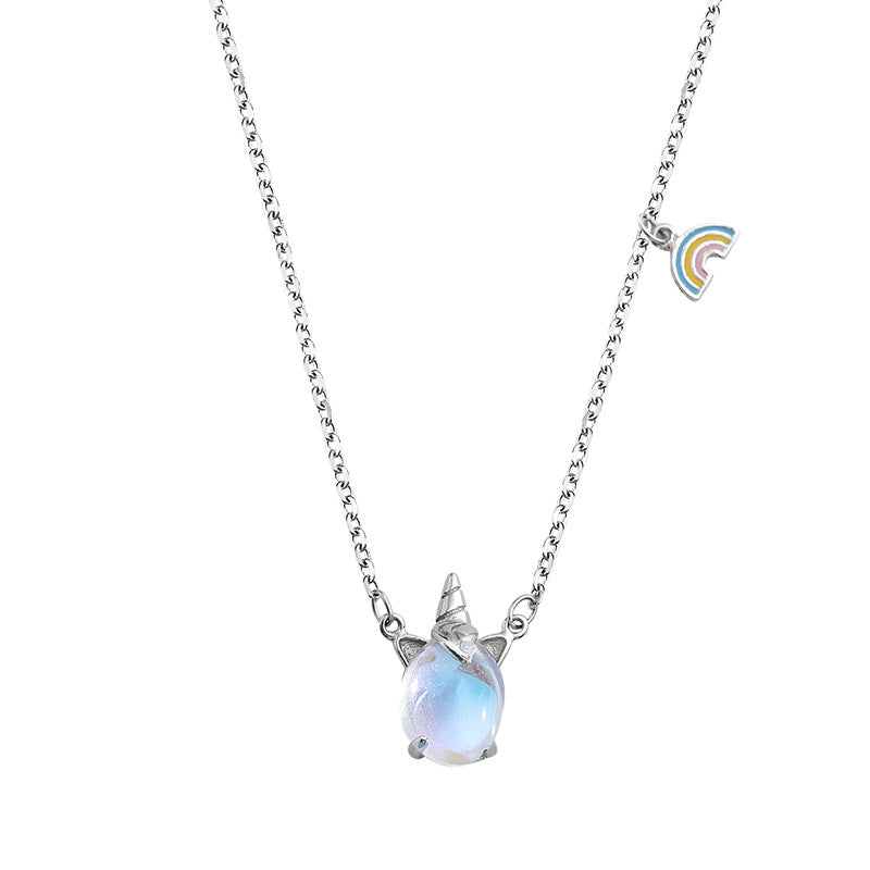 Korean Style Rainbow Unicorn Pendant Necklace – Lightweight Copper Jewelry | White Gold & Rose Gold
