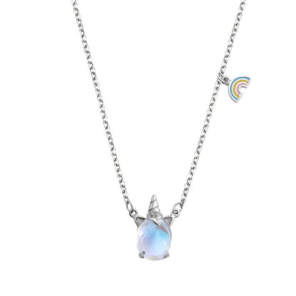 Korean Style Rainbow Unicorn Pendant Necklace – Lightweight Copper Jewelry | White Gold & Rose Gold
