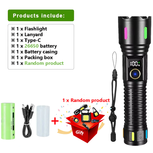 White Laser Tactical Flashlight – 6000LM Super Bright | Digital Battery Display & USB Power Bank