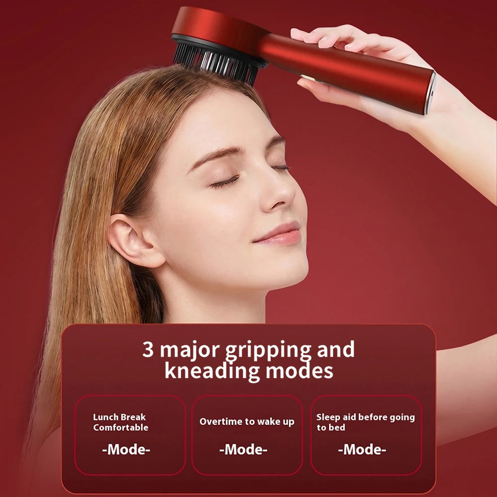 Person using a red scalp massager on their head with a red background