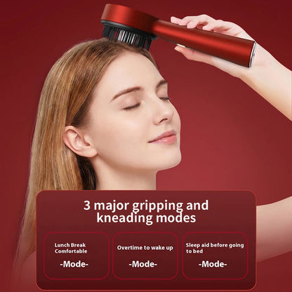 Person using a red scalp massager on their head with a red background