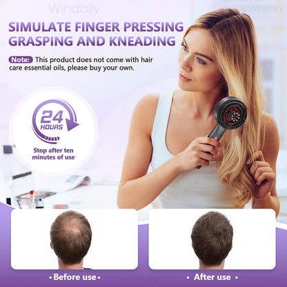 Woman using a hair care product with text on finger pressing, grasping, and kneading, and before/after use comparison.