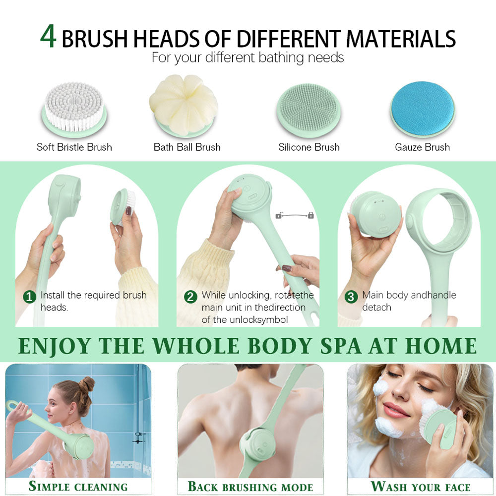 Long Handle Electric Back Scrubber | 4-in-1 Rotating Bath Brush