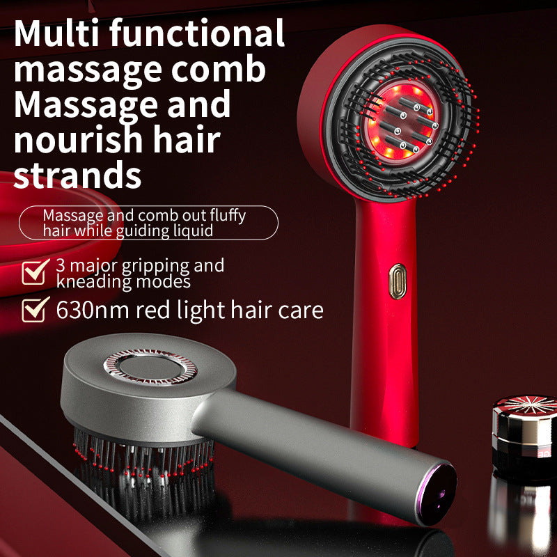 Red and gray multi-functional massage comb with text on a dark background