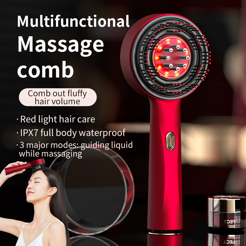 Red multifunctional massage comb with red light hair care feature, shown with a blurred background.
