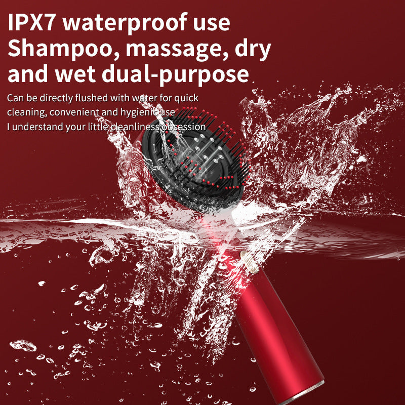 Red dual-purpose Deep Scalp Massage Brush with Red Light Therapy & Oil Infuser with water splashes on a red background, featuring text about IPX7 waterproof use.