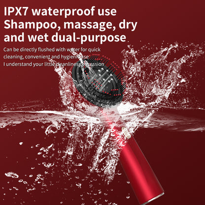 Red dual-purpose Deep Scalp Massage Brush with Red Light Therapy & Oil Infuser with water splashes on a red background, featuring text about IPX7 waterproof use.