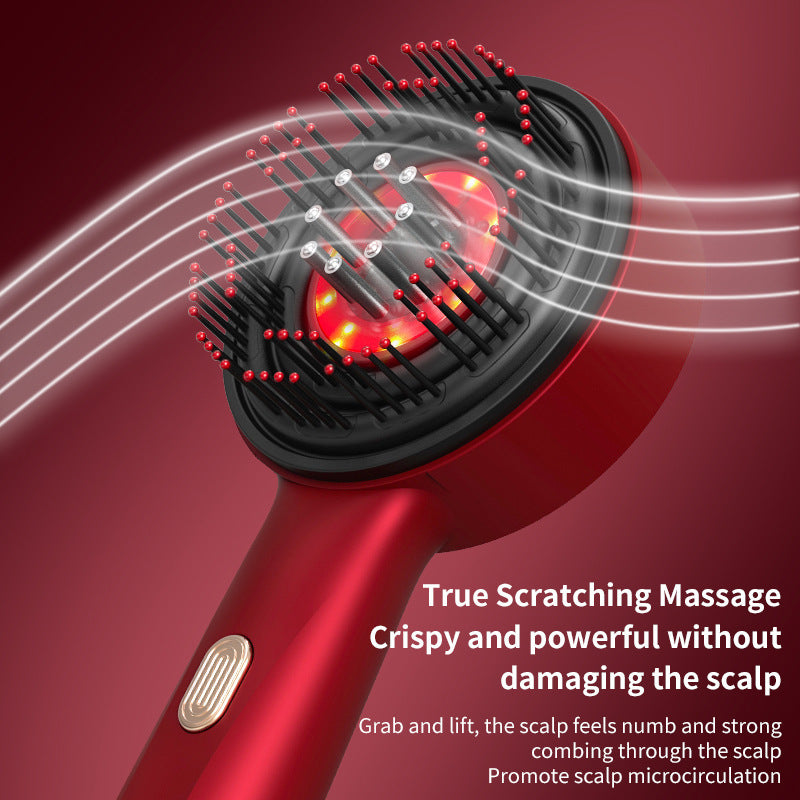 Red Deep Scalp Massage Brush with Red Light Therapy & Oil Infuser with black bristles on a red background