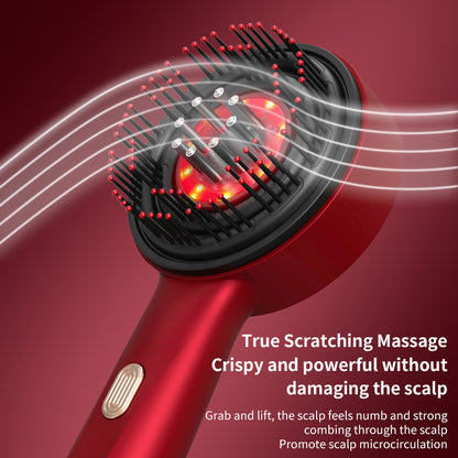 Red Deep Scalp Massage Brush with Red Light Therapy & Oil Infuser with black bristles on a red background