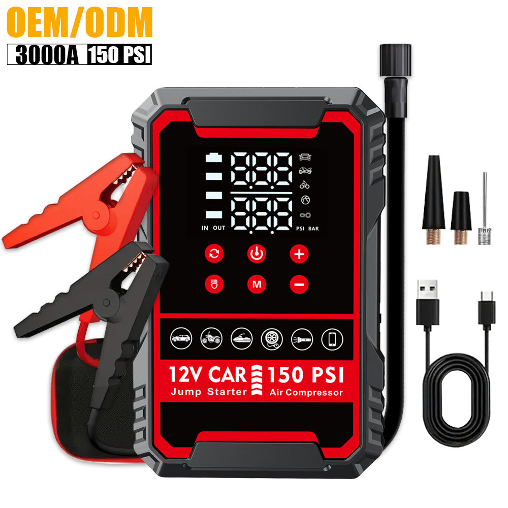 4-in-1 Roadside Guardian – 3000A Jump Starter, Air Compressor, Power Bank & LED Flashlight