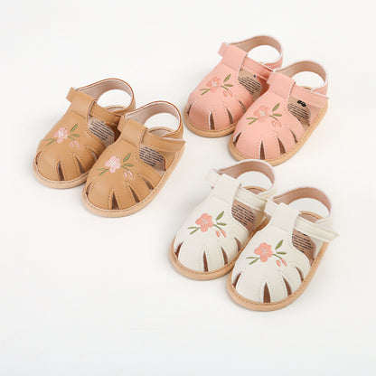 Floral Embroidery Baby Sandals – Soft Sole First Walkers for Girls