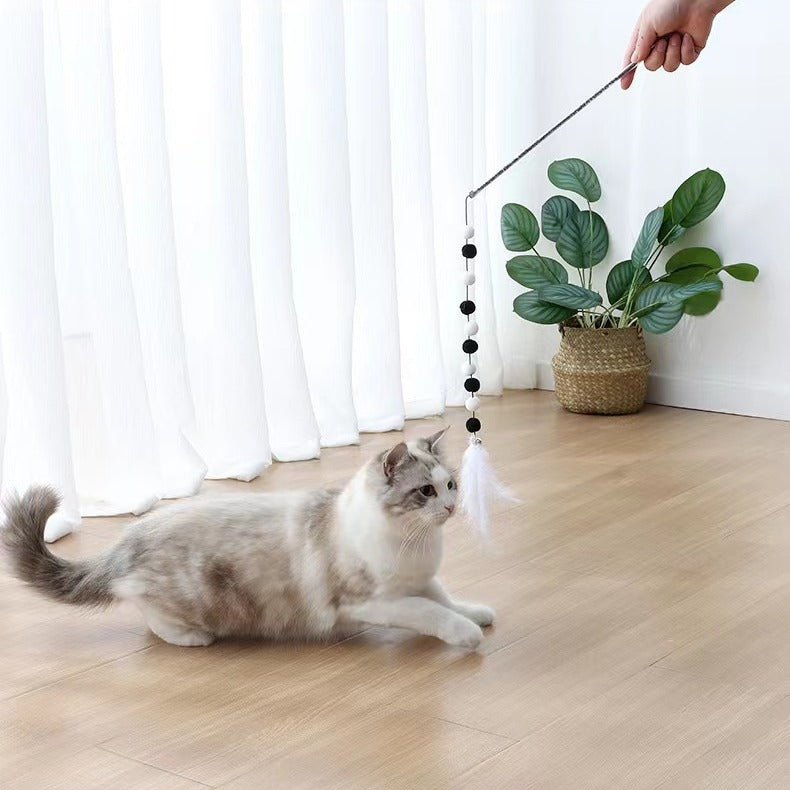🐾 Premium Pom-Pom Feather Teaser Wand – Colorful Cat Toy