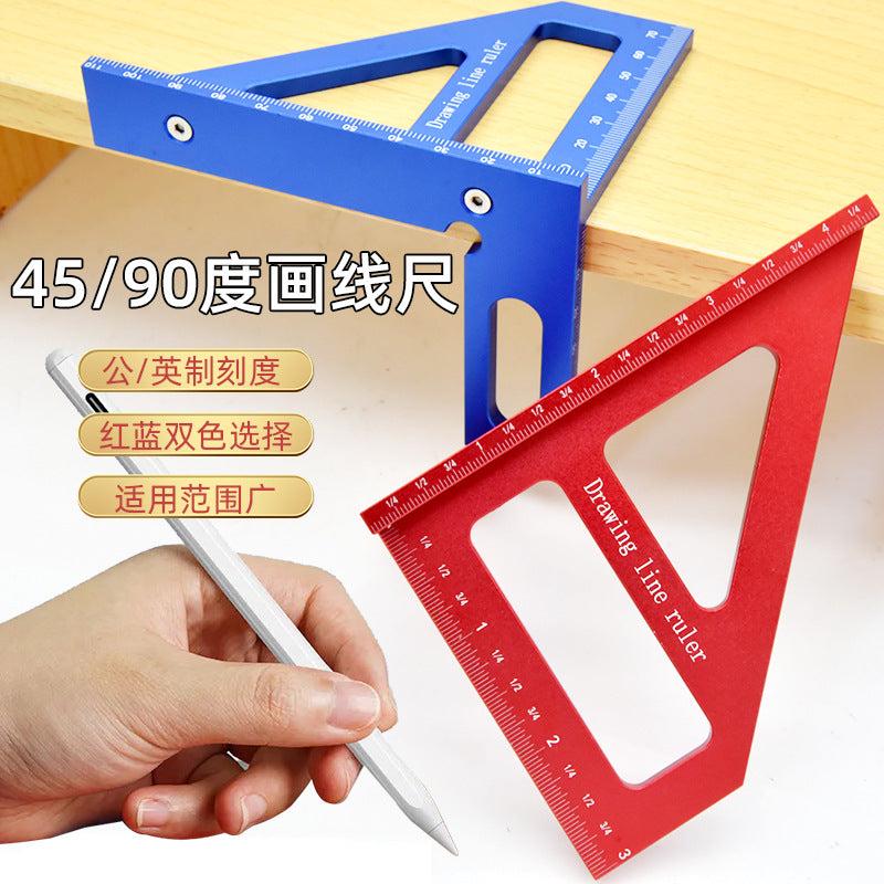 Precision Aluminum Alloy Miter Triangle Ruler – Professional Woodworking Square Protractor (Metric & Imperial)