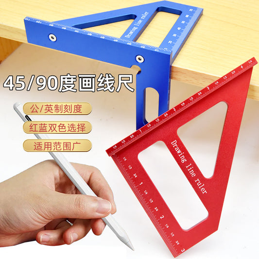 Precision Aluminum Alloy Miter Triangle Ruler – Professional Woodworking Square Protractor (Metric & Imperial)