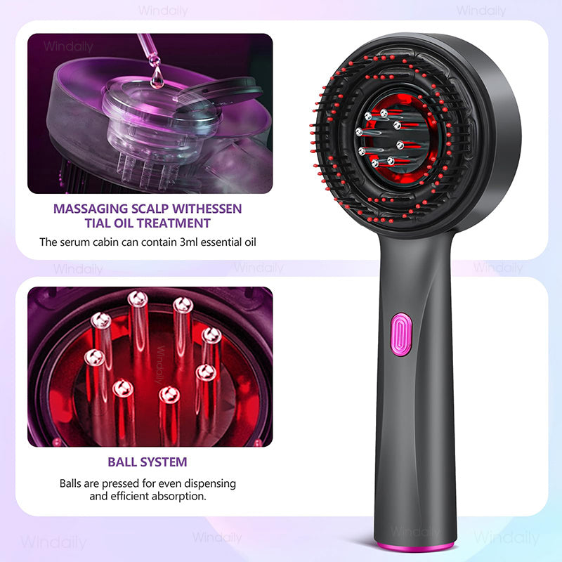 Black and pink hair treatment device with close-up insets on a light purple background