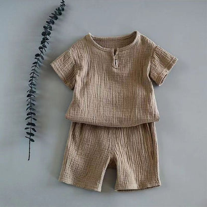 Baby Summer Cotton Linen Two-Piece Set | Short Sleeve Top & Shorts, Sizes 80–120