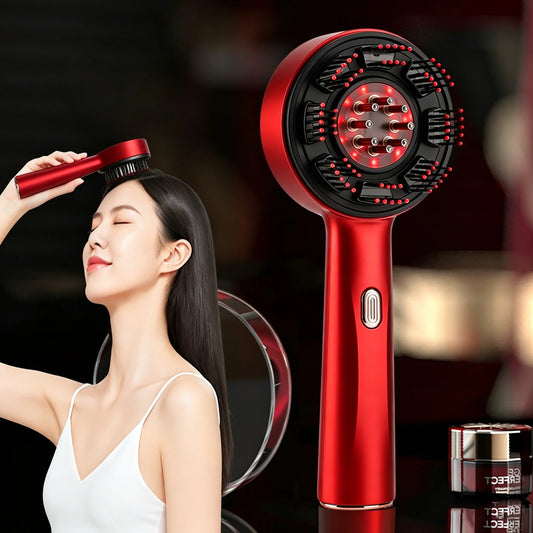 Woman using a red and black Deep Scalp Massage Brush with Red Light Therapy & Oil Infuser on her head with a blurred background
