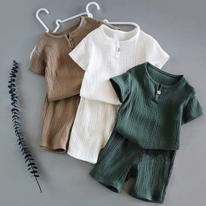 Baby Summer Cotton Linen Two-Piece Set | Short Sleeve Top & Shorts, Sizes 80–120