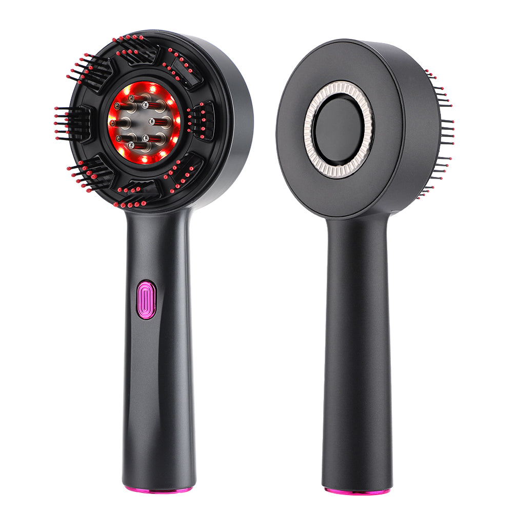 Black handheld Deep Scalp Massage Brush with Red Light Therapy & Oil Infuser with red interior and pink power button on a white background